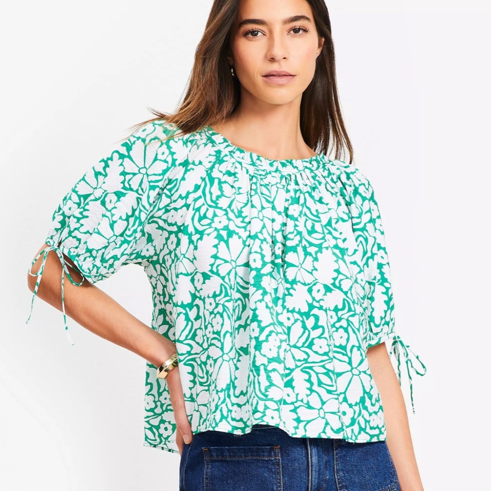 LOFT | Floral Tie Cuff Blouse in Striking Spearmint, Size MP